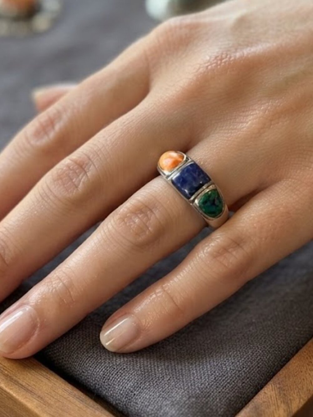 Sterling silver multi-stone inlay ring